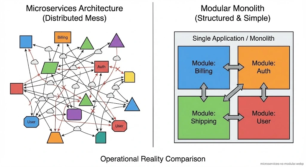 Comparison diagram: A messy web of microservices vs a clean, structured Modular Monolith block diagram.